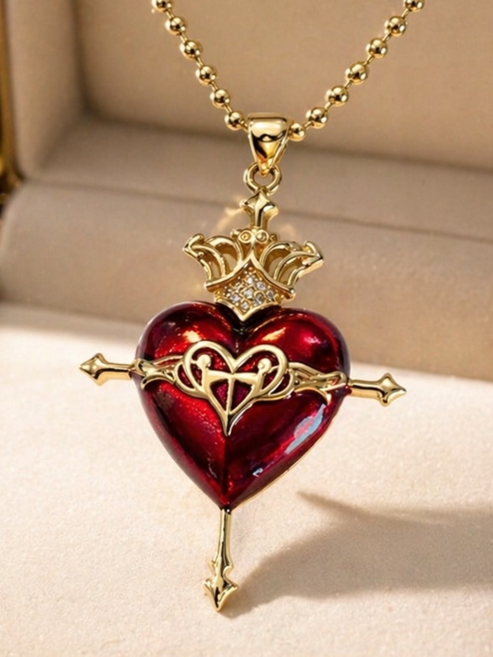 Dana Buchman Gold-Tone Red Heart Crown Pendant Necklace